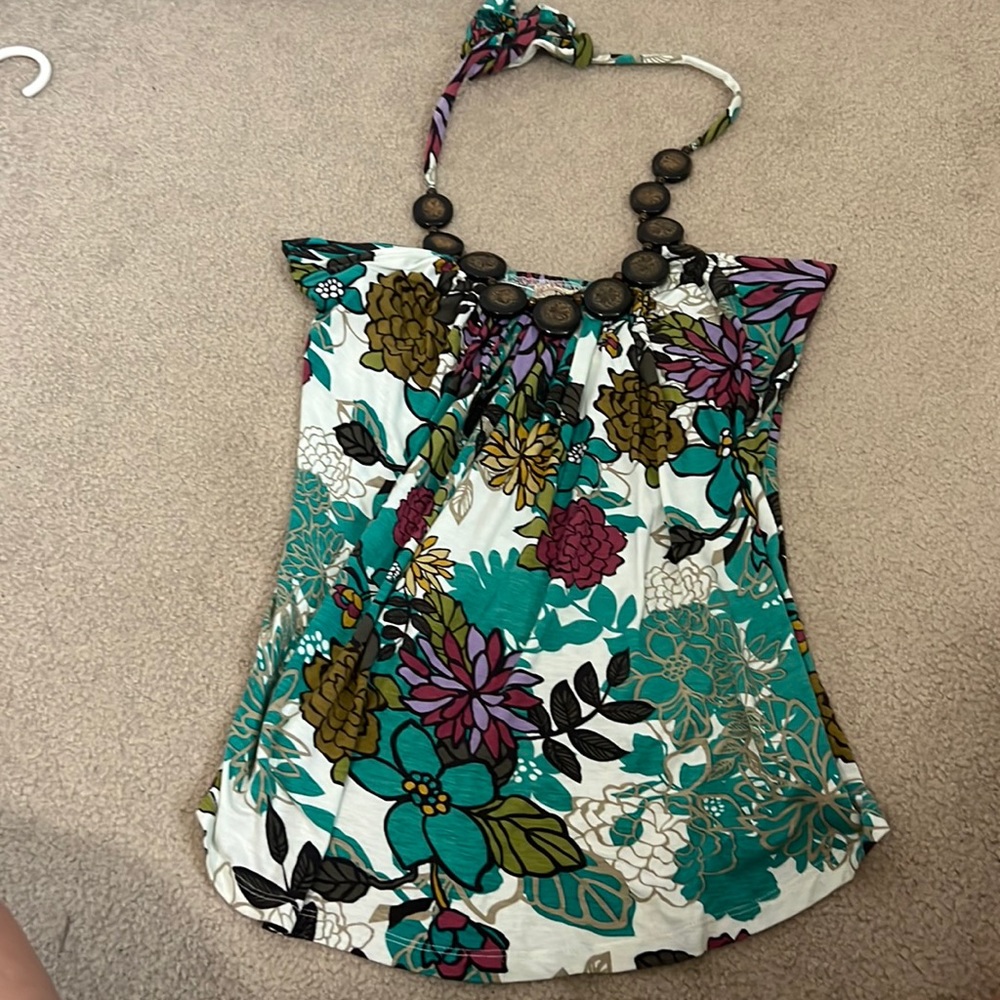 Lulumari M Medium floral tropical island Hawaiian halter top beaded neck tie